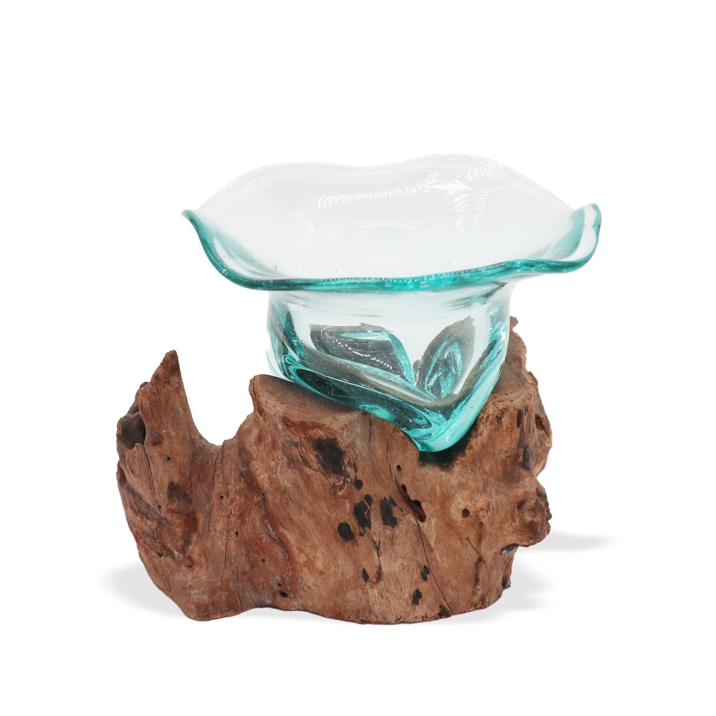 Gamal Wood Molten Glass Bowl – 23x15 CM handblåst skål i återvunnet glas på naturlig Gamal-träbas, klar aquafärgad kant
