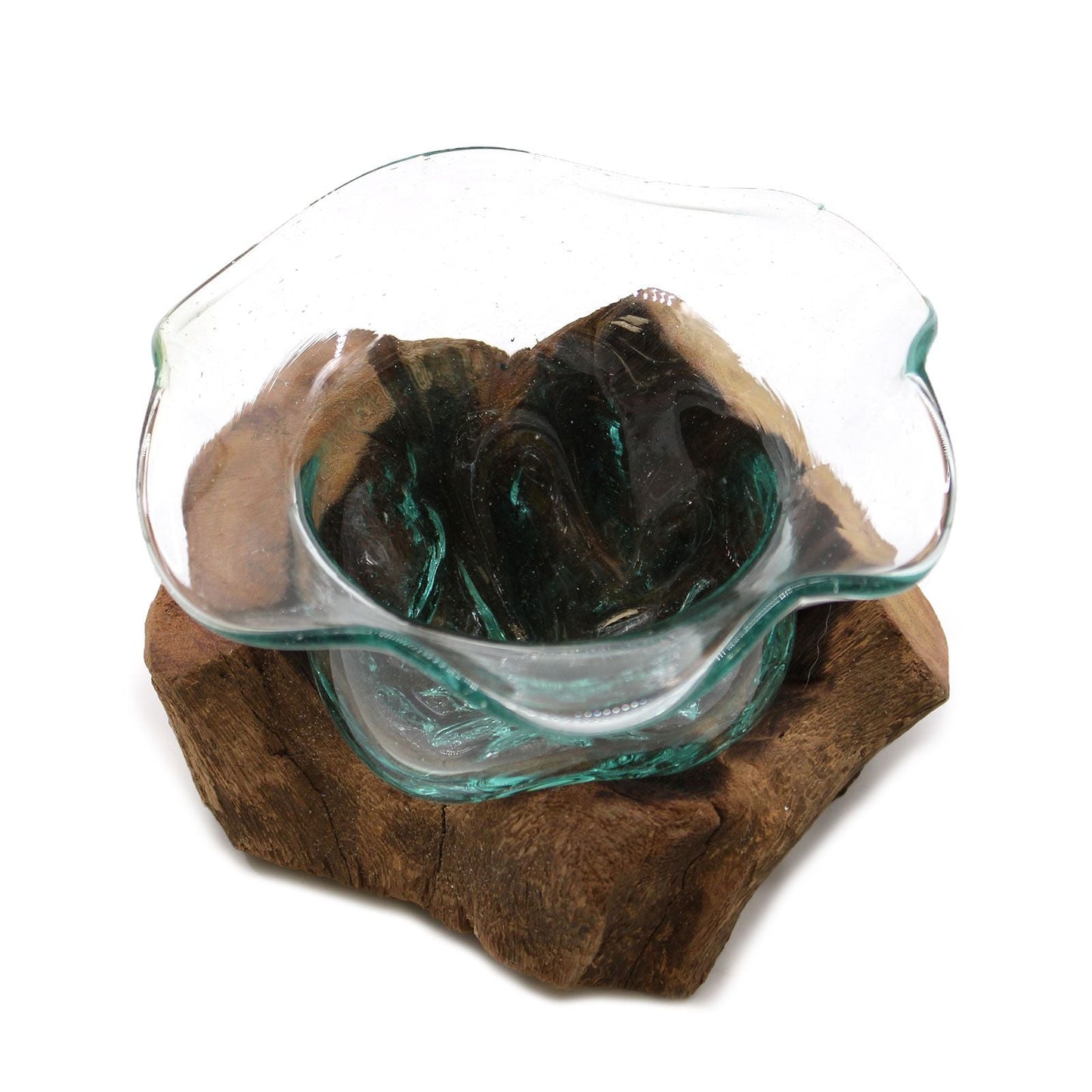 Alt Tag: Gamal Wood skål i smält glas – 23x15 CM handblåst skål i återvunnet glas på en naturlig bas i Gamal wood