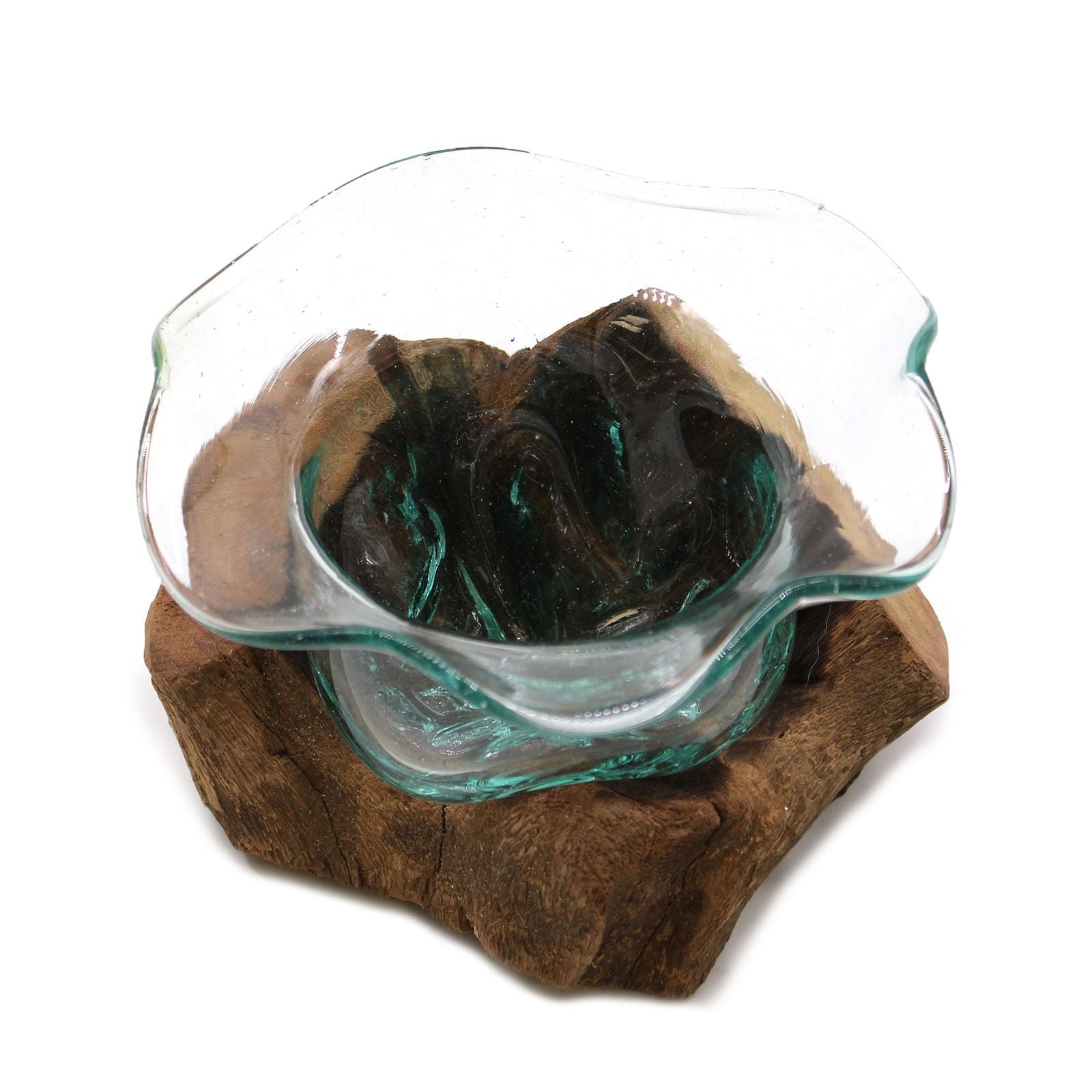 Alt Tag: Gamal Wood skål i smält glas – 23x15 CM handblåst skål i återvunnet glas på en naturlig bas i Gamal wood