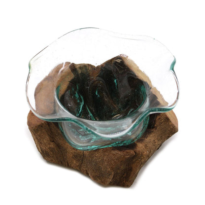 Alt Tag: Gamal Wood skål i smält glas – 23x15 CM handblåst skål i återvunnet glas på en naturlig bas i Gamal wood