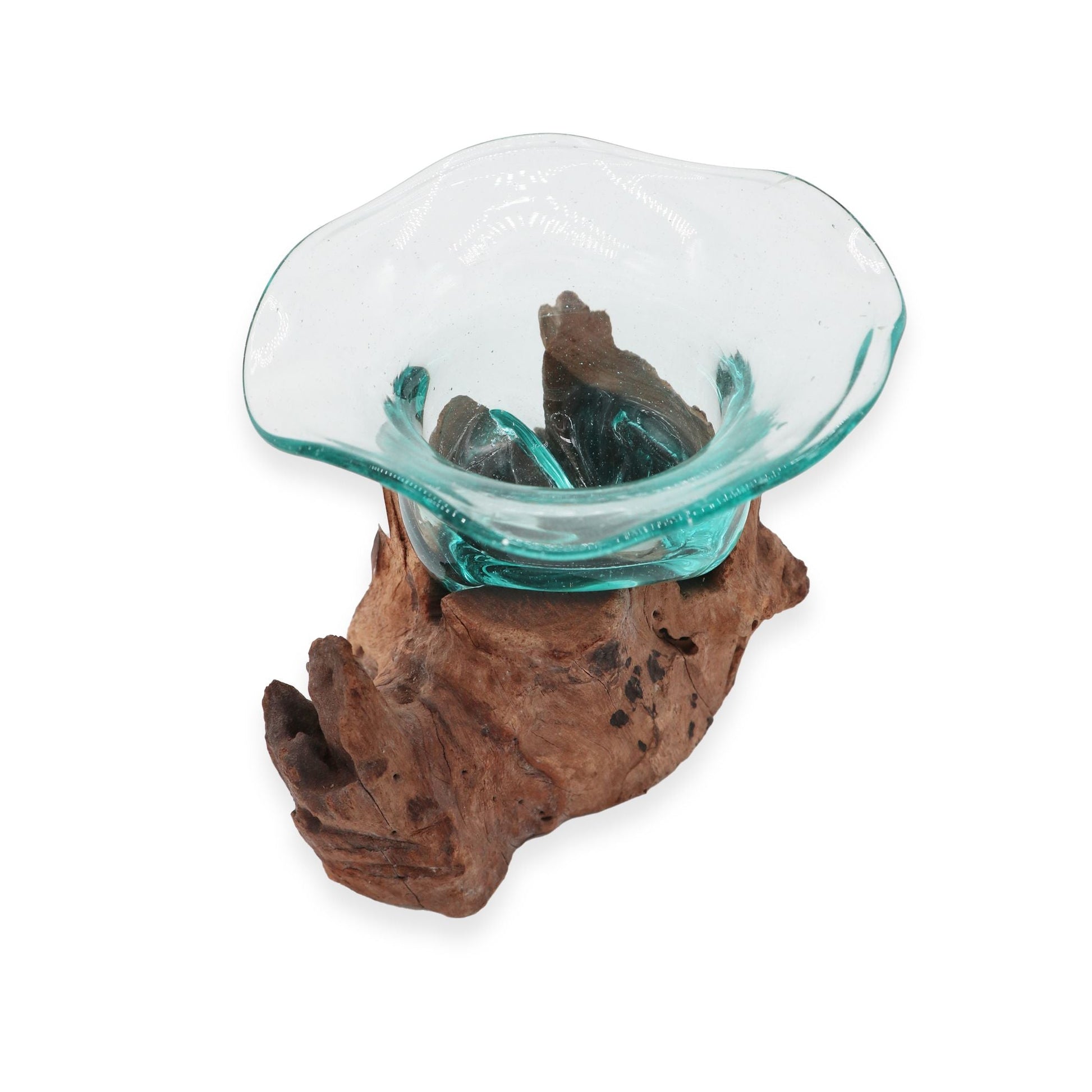 Alt Tag: Gamal Wood Molten Glass Bowl – 23x15 CM handblåst skål i återvunnet glas på naturlig bas i Gamal-trä