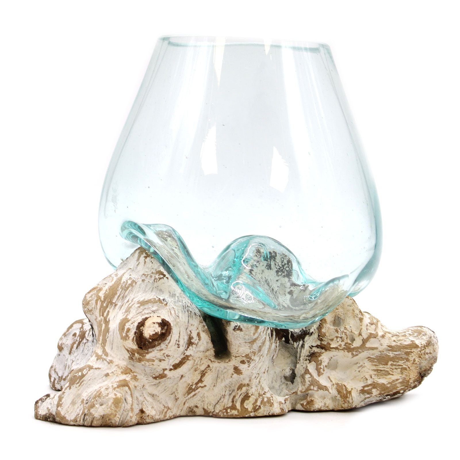 Gamal Wood skål i smält glas – Stor 20x16x15 CM, handgjord skål i återvunnet glas från Bali, sammansmält med en bas i Gamal-trä