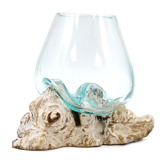 Gamal Wood Molten Glass Bowl – Large 20x16x15 CM, handcrafted Bali recycled glass bowl fused with Gamal wood base