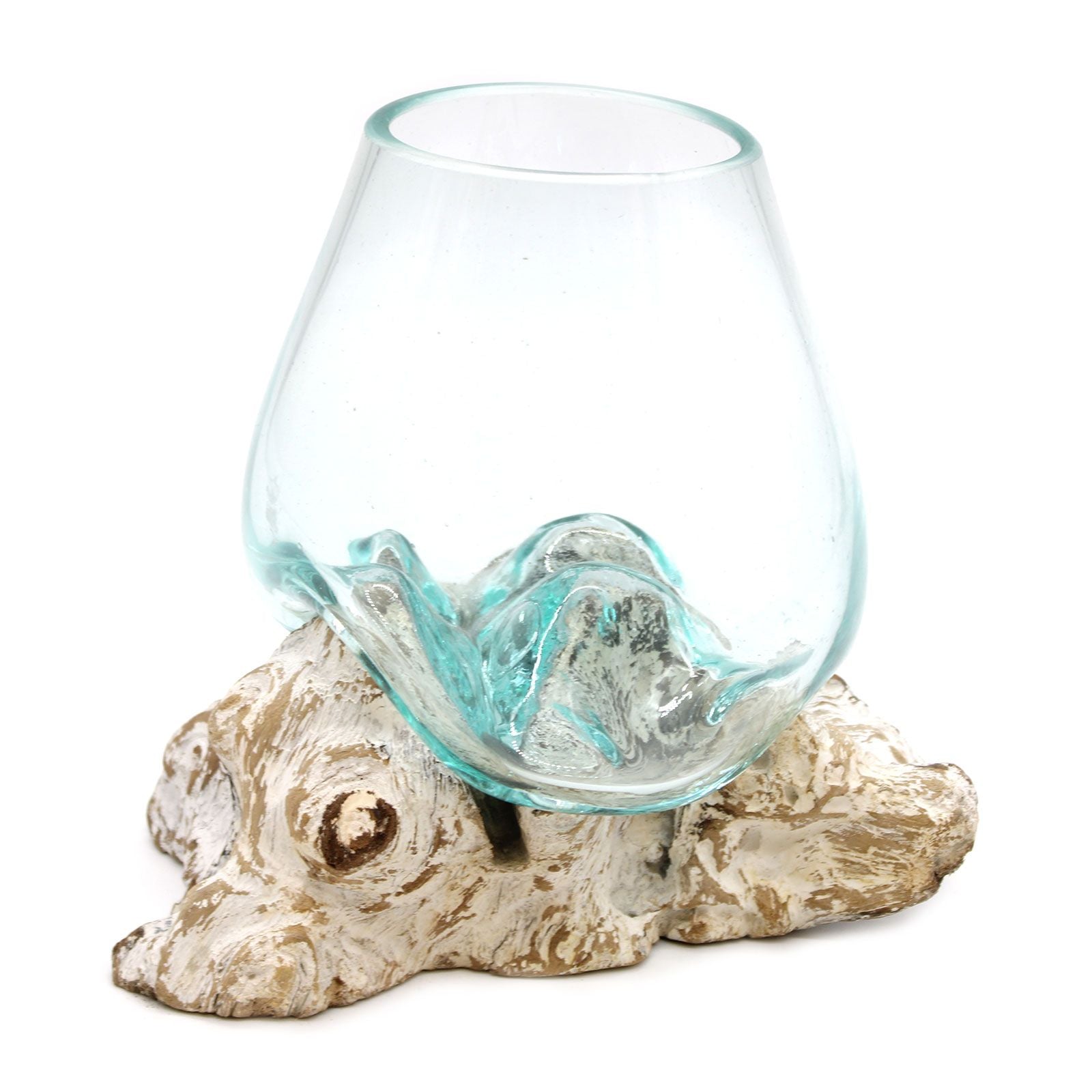 Alt Tag: Gamal Wood skål i smält glas – Stor 20x16x15 CM, återvunnen skål i smält glas på Gamal Wood-bas, handgjord på Bali