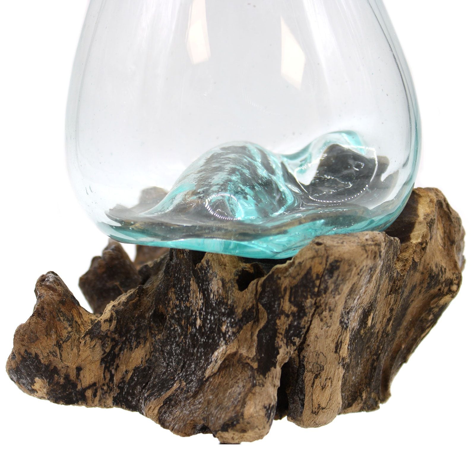 Alt Tag: Gamal Wood Molten Glass Bowl – Medium, recycled clear molten glass bowl fused to sustainably sourced Gamal wood base