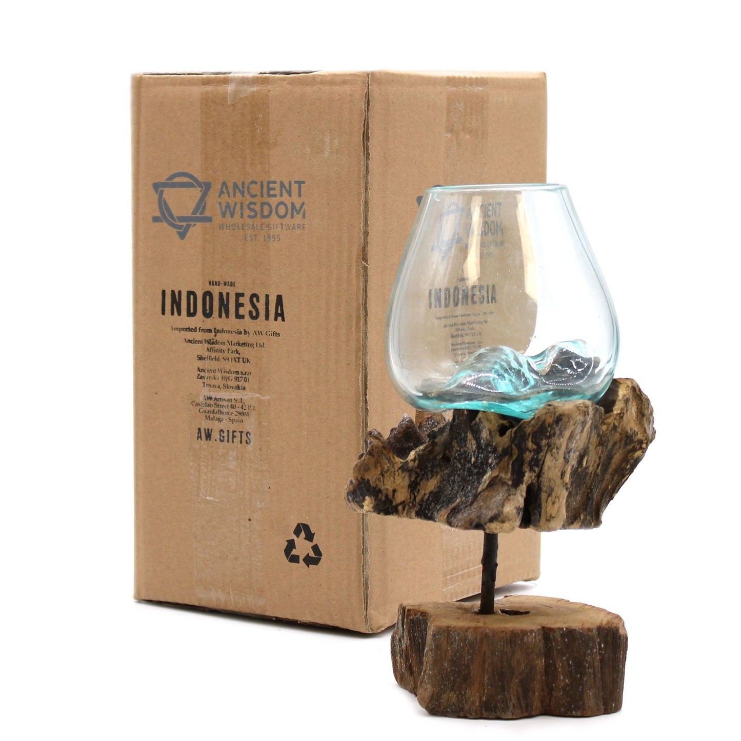 Gamal Wood Molten Glass Bowl – Medium en base de madera Gamal con vidrio reciclado, junto a caja de embalaje