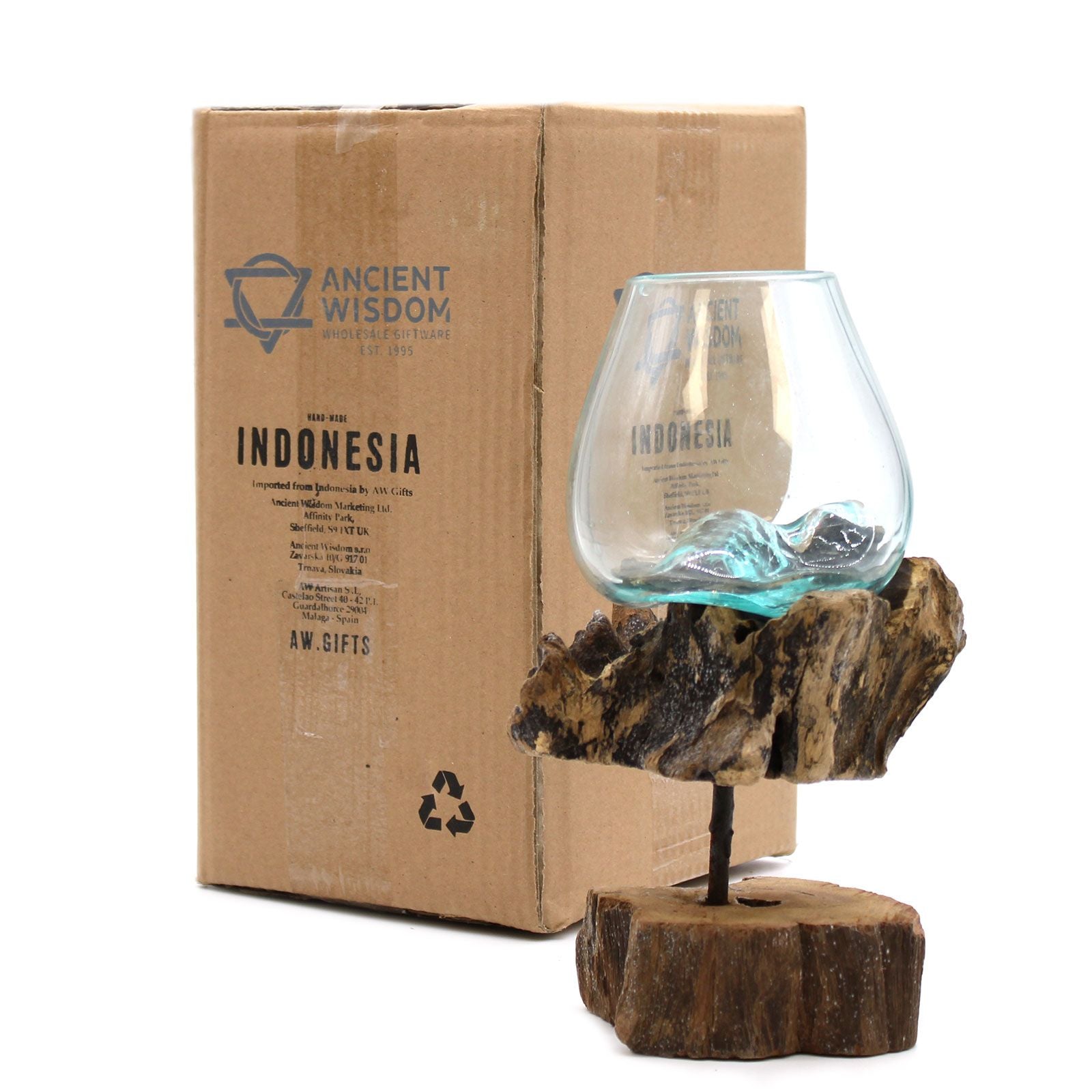 Gamal Wood Molten Glass Bowl – Medium en base de madera Gamal con vidrio reciclado, junto a caja de embalaje