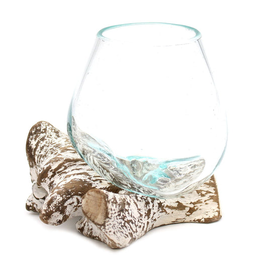 Alt Tag: Gamal Wood Molten Glass Bowl – Medium, hand-blown clear glass bowl on whitewashed Balinese Gamal wood base