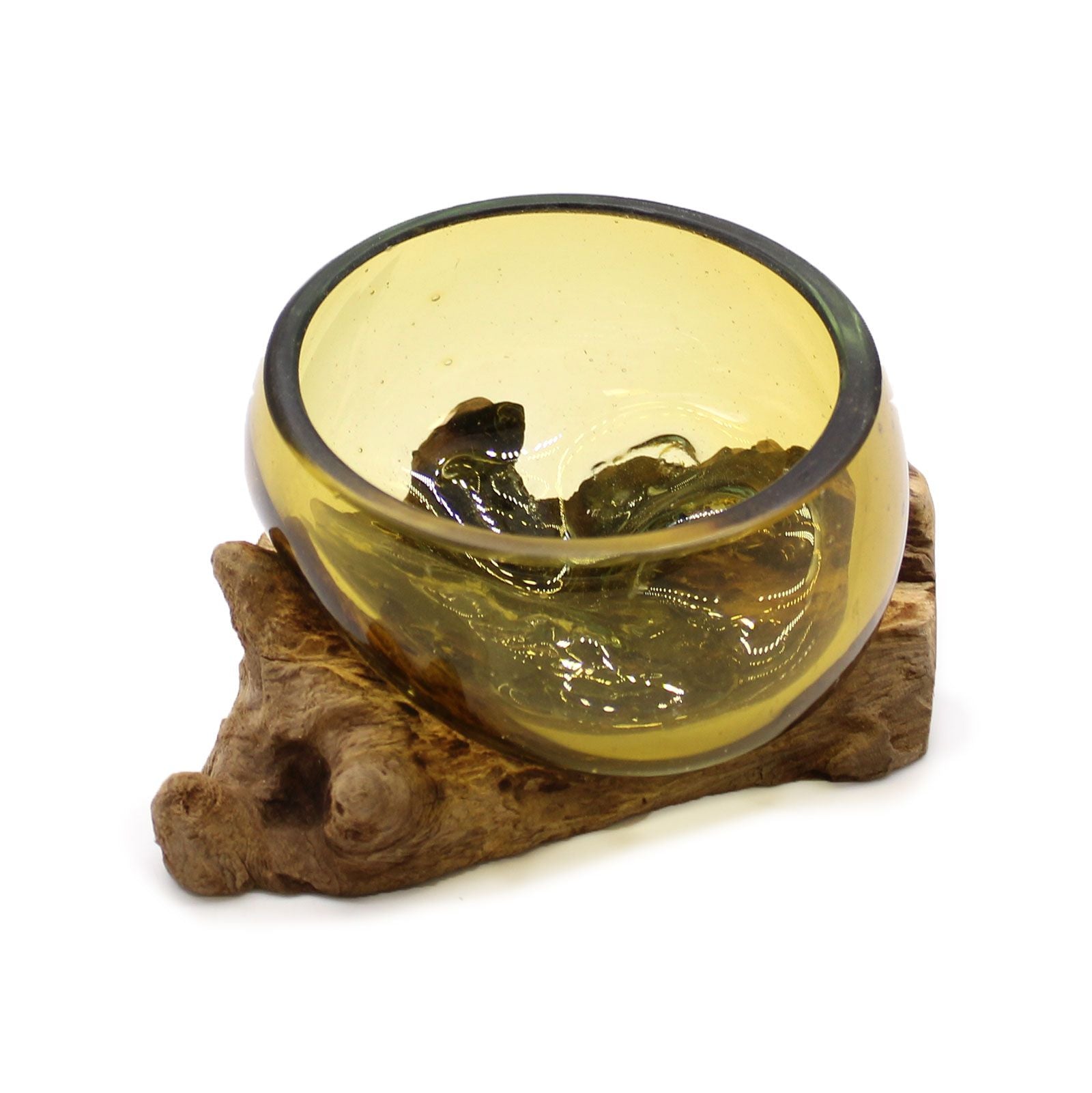 Alt-Tag: Gamal Wood Schale aus geschmolzenem Glas – Mini Amber, kleine Schale aus mundgeblasenem Glas in Mini Amber, über einem natürlichen Gamal-Holzsockel geformt, 12x6x7 cm