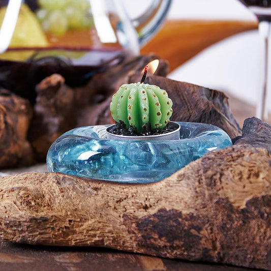 Gamal Wood Molten Glass Candle Holder – 10x17x5 CM with blue recycled glass on gamal wood, lit tealight candle