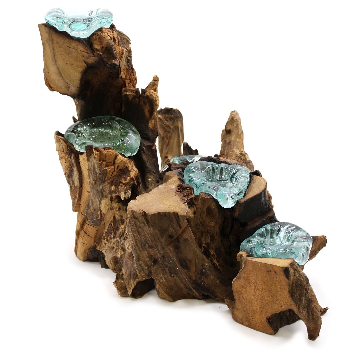 Gamal Wood Kerzhalter aus geschmolzenem Glas – 5-teiliges Set mit handgeblasenem recyceltem Glas auf einer natürlichen Gamal-Holzbasis