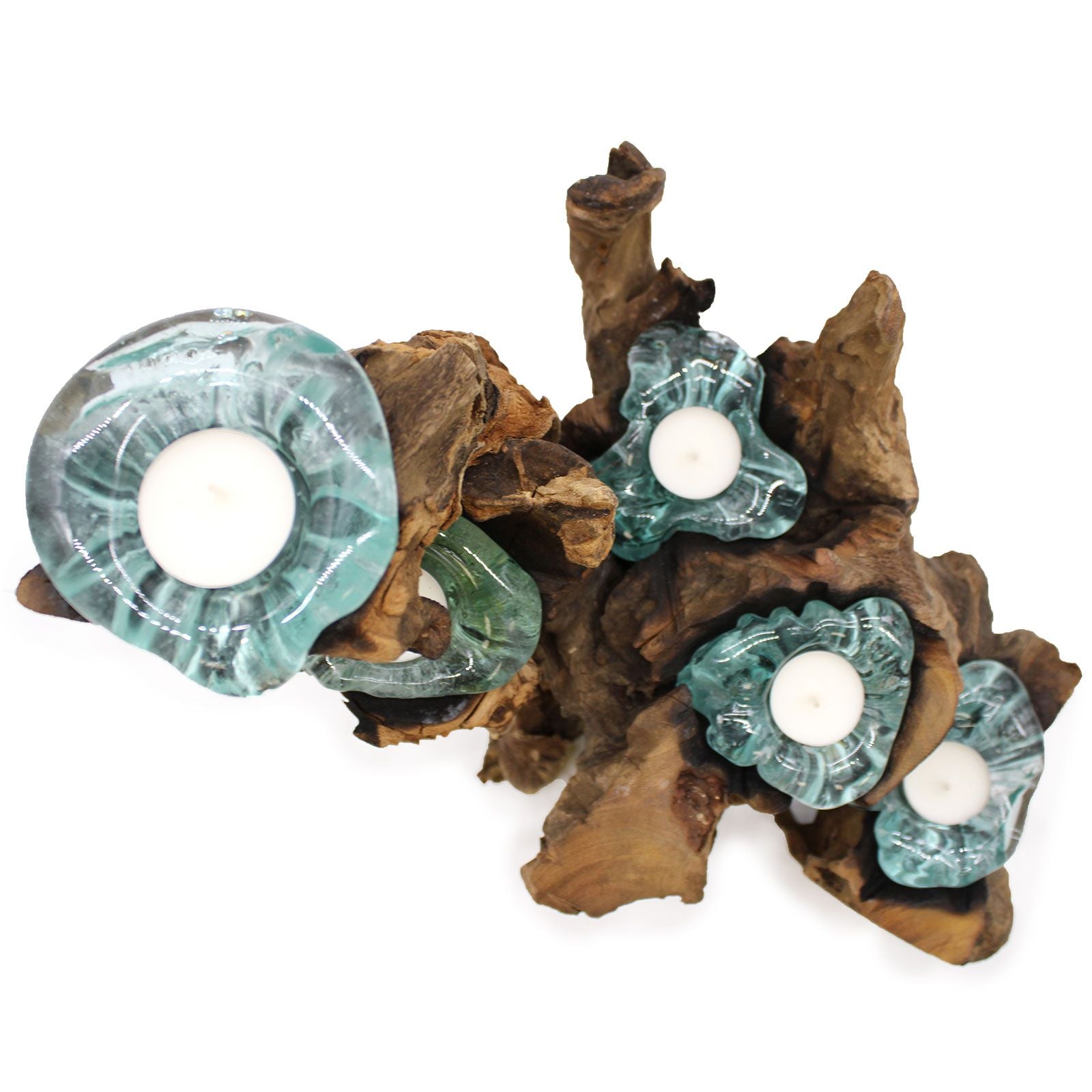 Alt Tag: Gamal Wood Molten Glass Kerzenhalter – 5-teiliges Set mit handgeblasenen Teelichthaltern aus recyceltem Glas auf einem Gamal-Holzsockel