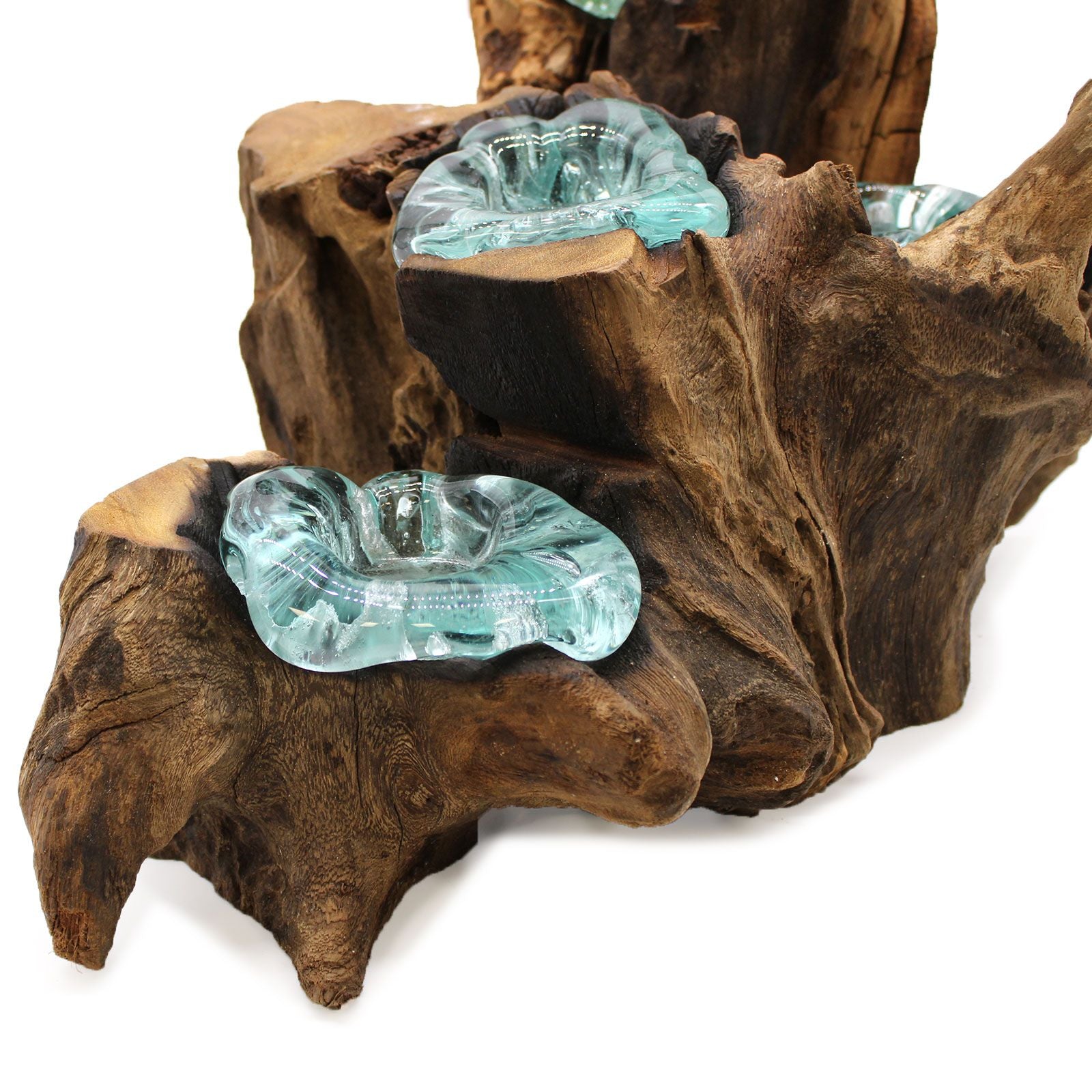 Alt-Tag: Gamal Wood Molten Glass Kerzenhalter – 5-teiliges Set, handgeblasene Kerzenhalter aus recyceltem Glas auf einem natürlichen Gamal-Holzsockel