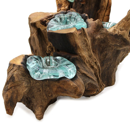 Alt-Tag: Gamal Wood Molten Glass Kerzenhalter – 5-teiliges Set, handgeblasene Kerzenhalter aus recyceltem Glas auf einem natürlichen Gamal-Holzsockel