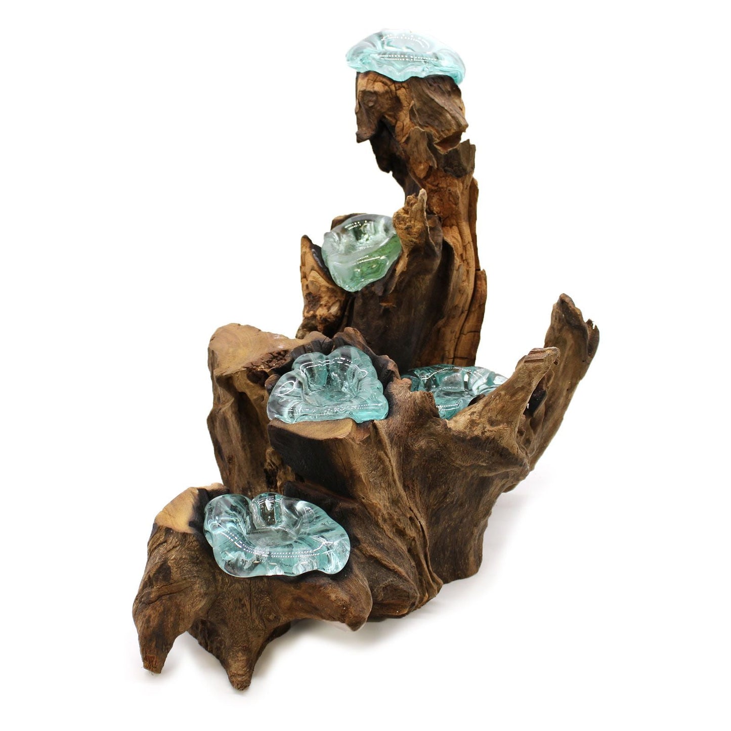 Gamal Wood Molten Glass Kerzenhalter – 5-teiliges Set mit recycelten, handgeblasenen Gläsern auf rustikalem Gamal-Holzsockel