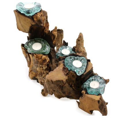Gamal Wood Kerzenträger aus geschmolzenem Glas – 5-teiliges Set mit recycelten, handgeblasenen Glas-Teelichthaltern auf natürlicher Gamalholz-Basis
