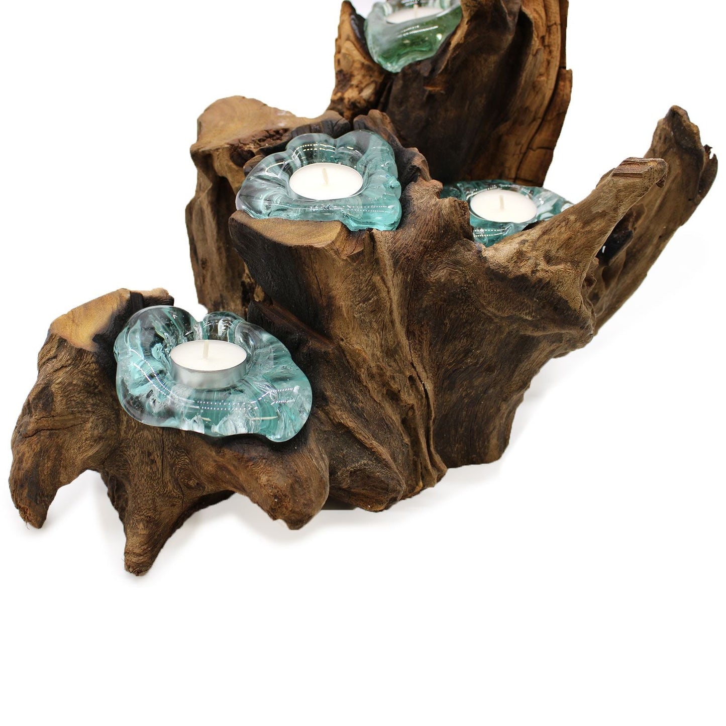 Alt-Tag: Gamal Wood Kerzenhalter aus geschmolzenem Glas – 5-teiliges Set mit recycelten, handgeblasenen Glas-Teelichthaltern auf natürlichem Gamal-Holzsockel