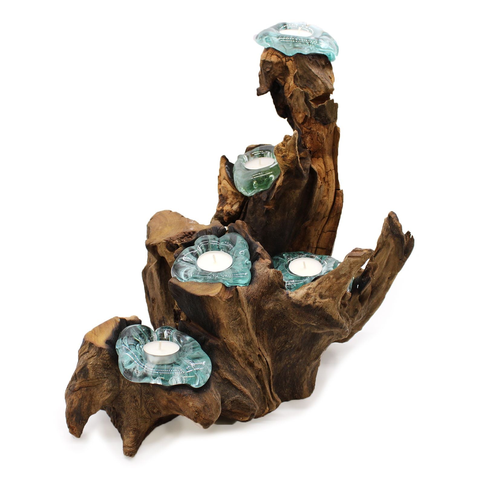 Alt-Tag: Gamal Wood Molten Glass Kerzenhalter – 5-teiliges Set aus natürlichem Gamal-Holz mit handgeblasenen Teelichtgläsern aus recyceltem Glas