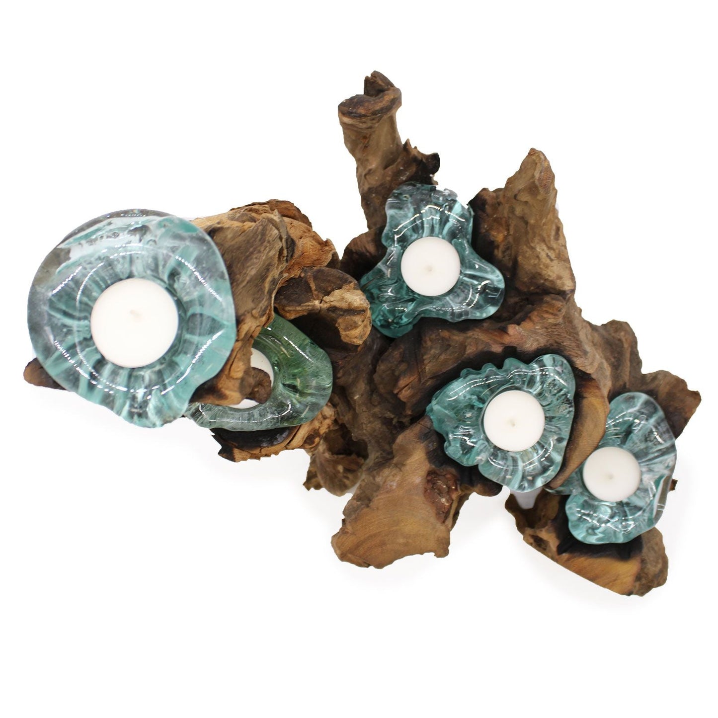 Gamal Wood Kerzhalter aus geschmolzenem Glas – 5-teiliges Set mit Teelichthaltern aus recyceltem Glas auf rustikaler Gamal-Holzbasis