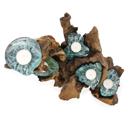Gamal Wood Kerzhalter aus geschmolzenem Glas – 5-teiliges Set mit Teelichthaltern aus recyceltem Glas auf rustikaler Gamal-Holzbasis