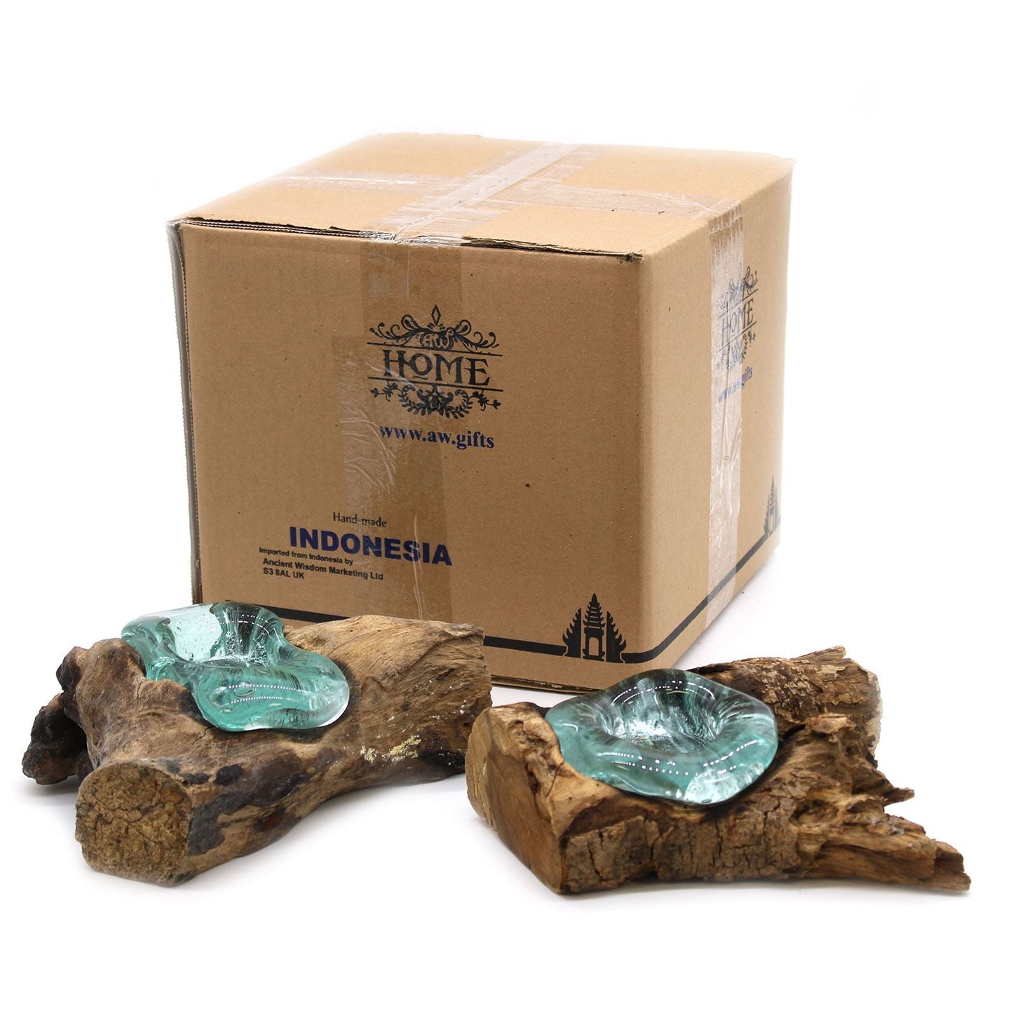 Gamal Wood Molten Glass Ljushållare – set i 10x17x5 CM med två handgjorda balinesiska hållare i gamalträ och återvunnet glas