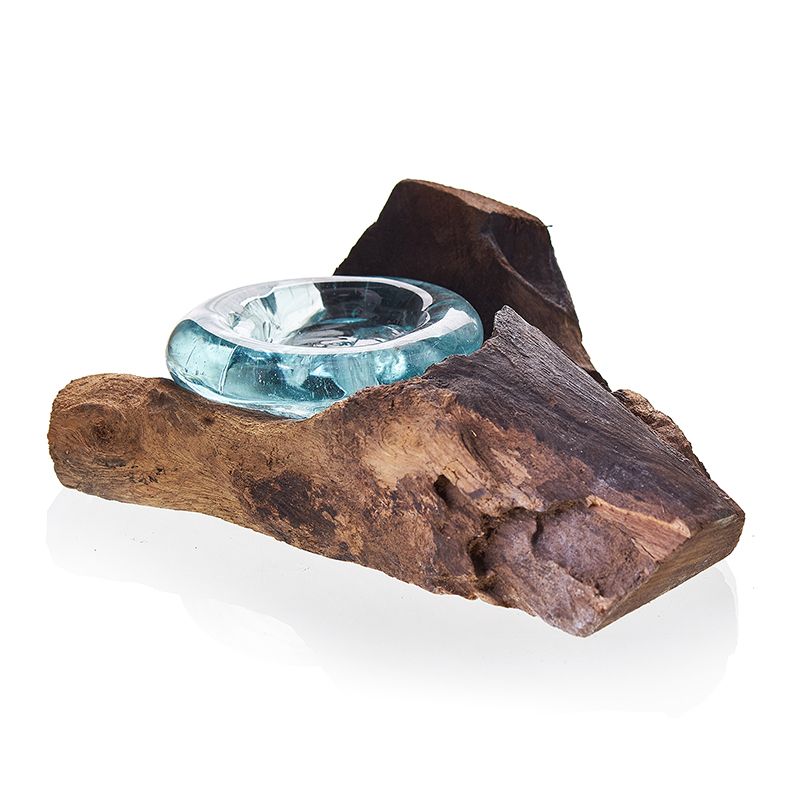 Alt Tag: Gamal Wood Molten Glass Candle Holder – 10x17x5 CM, handgjord ljusstake i Gamal-trä med smält återvunnet glas, Bali
