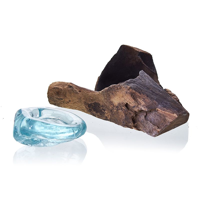 Gamal Wood Molten Glass Candle Holder – 10x17x5 CM, handgjord bas i balinesiskt gamalträ med värmeljushållare i återvunnet smält glas
