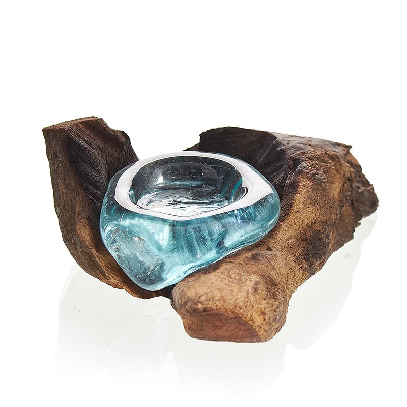 Gamal Wood ljusstake i smält glas – 10x17x5 CM handgjord balinesisk bas i gamalträ med skål i återvunnet smält glas