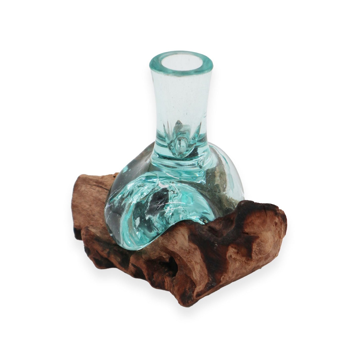Gamal Wood Molten Glass Flower Vase – Small, hand-blown recycled glass vase molded over natural Gamal wood base