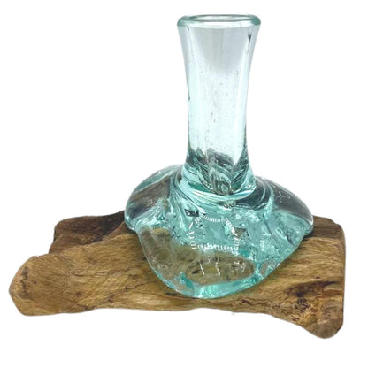 Alt Tag: Gamal Wood Molten Glass Flower Vase – Small hand-blown clear recycled glass molded over natural Gamal wood base