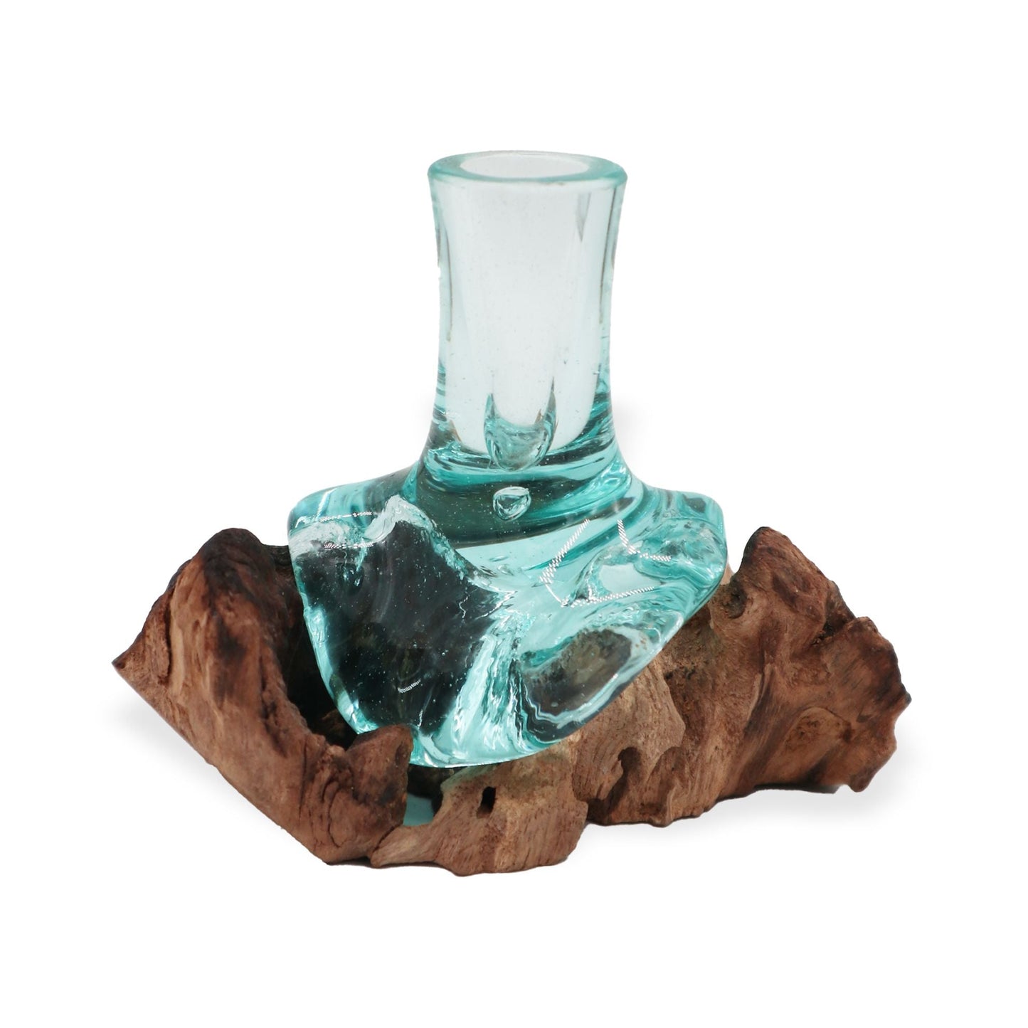 Alt Tag: Gamal Wood Molten Glass Flower Vase – Small, hand-blown recycled aqua glass molded over natural Gamal wood base, small vase