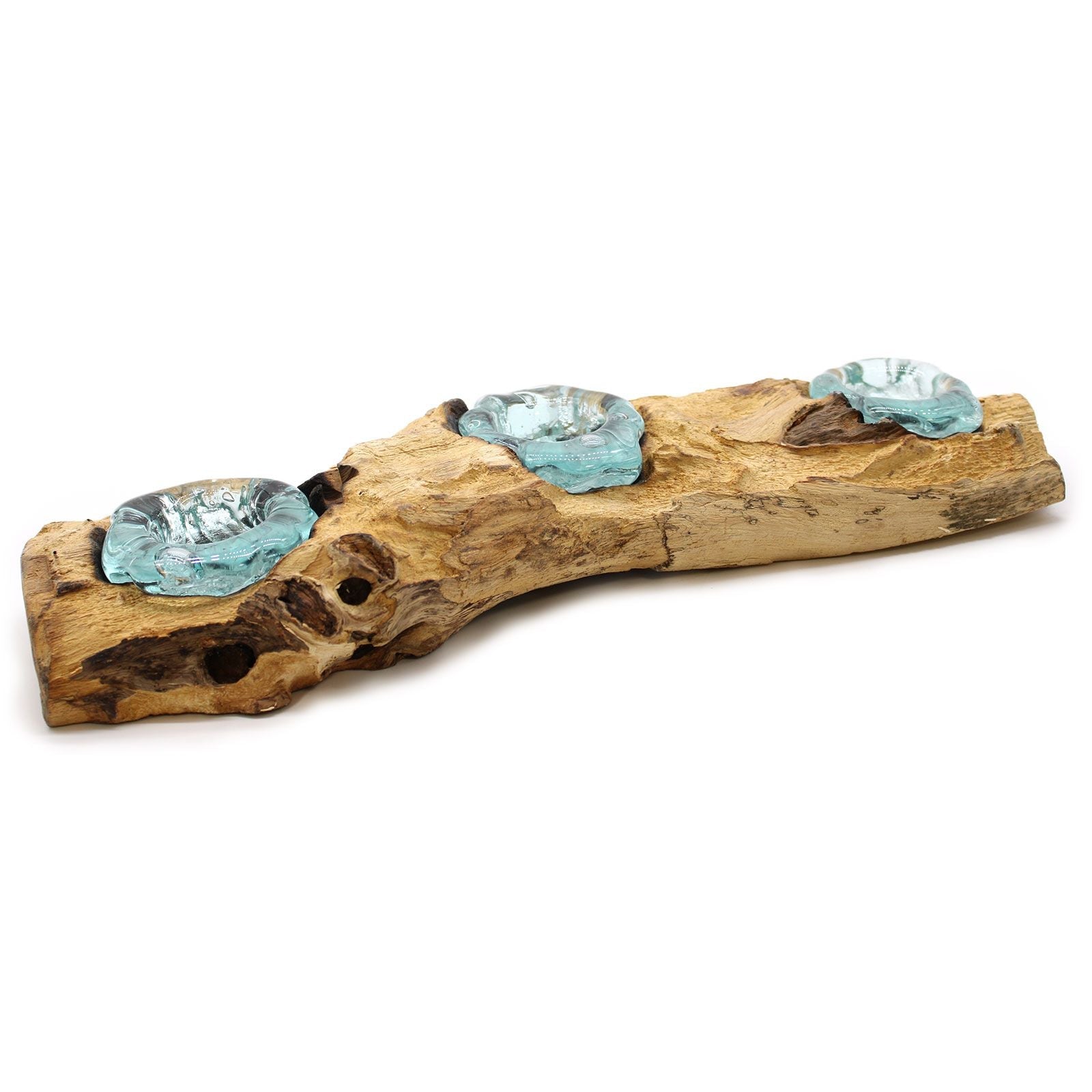 Gamal-trä Molten Glass trippel ljushållare – 45x15x7 CM med återvunna, handblåsta glashållare som är sammansmälta med naturligt Gamal-trä