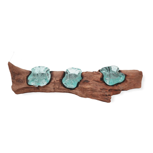 Gamal Wood Molten Glass Triple Candle Holder – 45x15x7 CM, base de madera Gamal con tres portavelas de vidrio reciclado soplado a mano