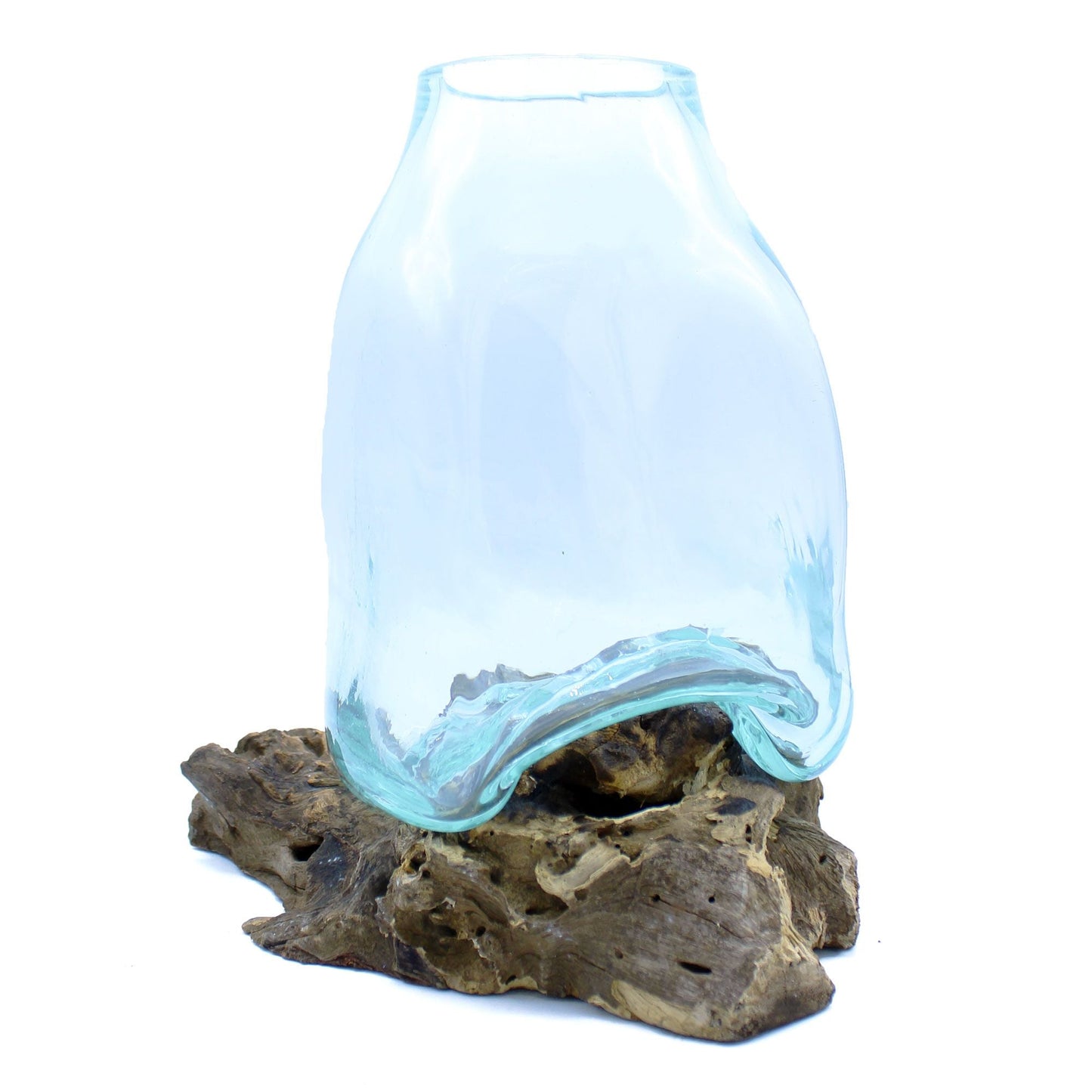 Gamal Wood Molten Glass Vase – 27x23x22 CM, jarrón de vidrio fundido transparente con base artesanal de madera Gamal