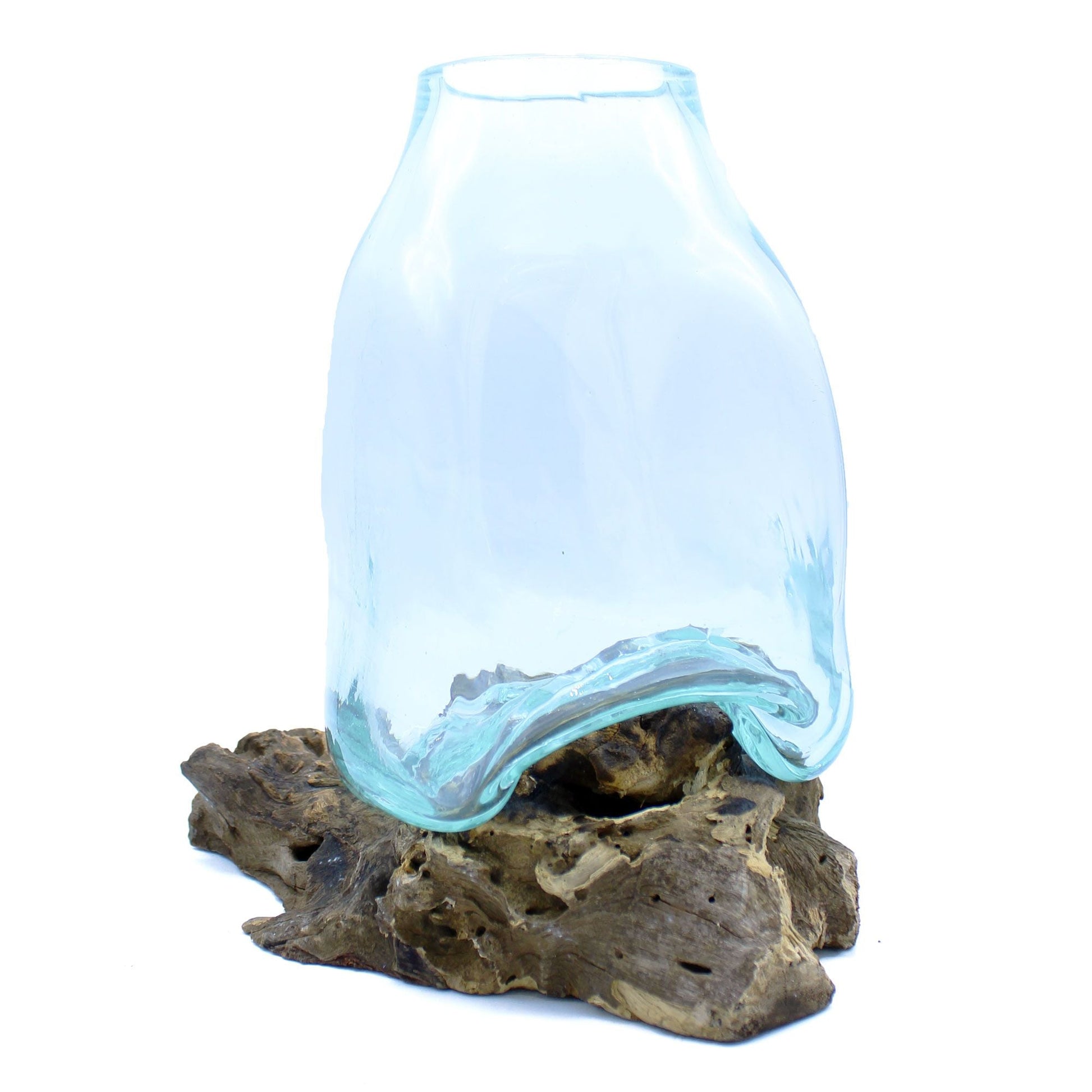 Gamal Wood Molten Glass Vase – 27x23x22 CM, jarrón de vidrio fundido transparente con base artesanal de madera Gamal
