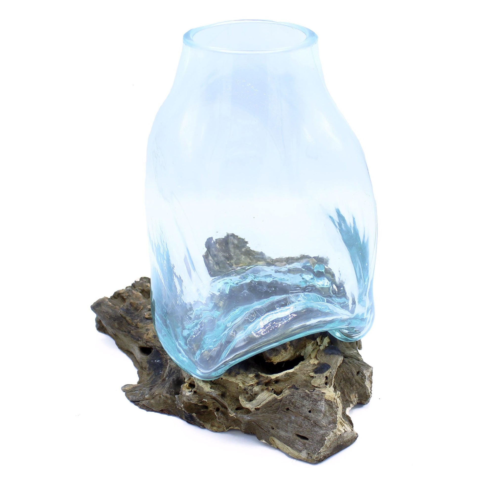 Gamal Wood Molten Glass Vase – 27x23x22 CM, jarrón artesanal de vidrio fundido azul claro con base de madera Gamal