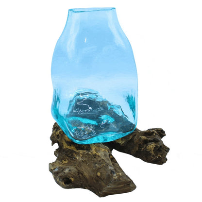 Alt Tag: Gamal Wood Molten Glass Vase – 27x23x22 CM, jarrón de vidrio fundido azul con base de madera Gamal artesanal