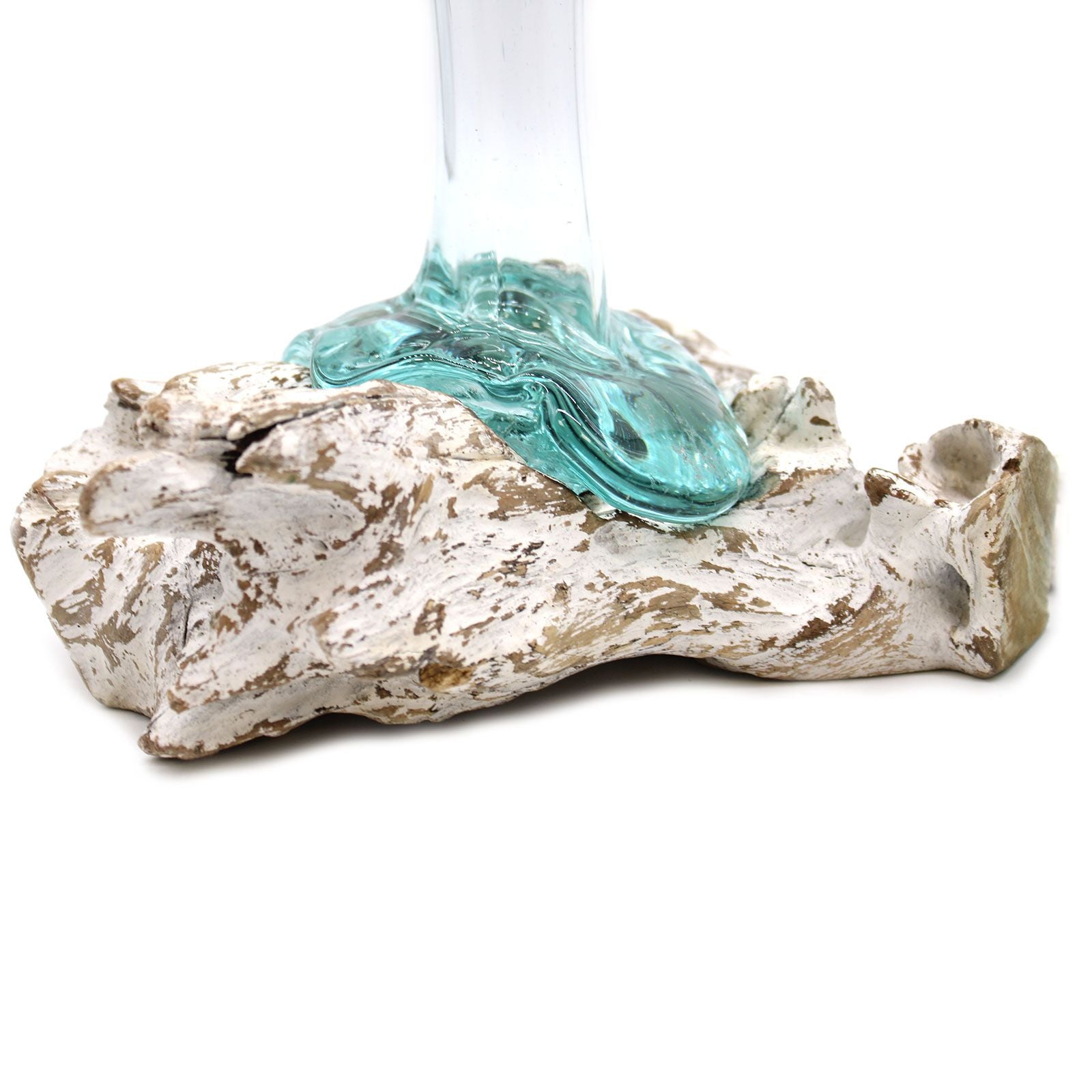Alt Tag: Gamal Wood Molten Glass Vase – Medium with recycled aqua molten glass fused onto sustainable Gamal wood base, handcrafted decor