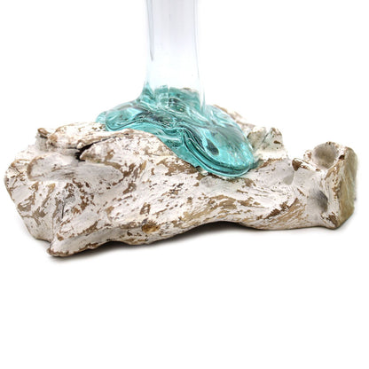 Alt Tag: Gamal Wood Molten Glass Vase – Medium with recycled aqua molten glass fused onto sustainable Gamal wood base, handcrafted decor