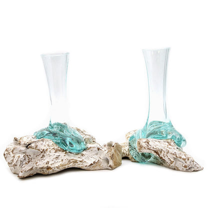 Gamal Wood Molten Glass Vase – Medium, handcrafted recycled glass vase fused to sustainable Gamal wood base, clear aqua glass