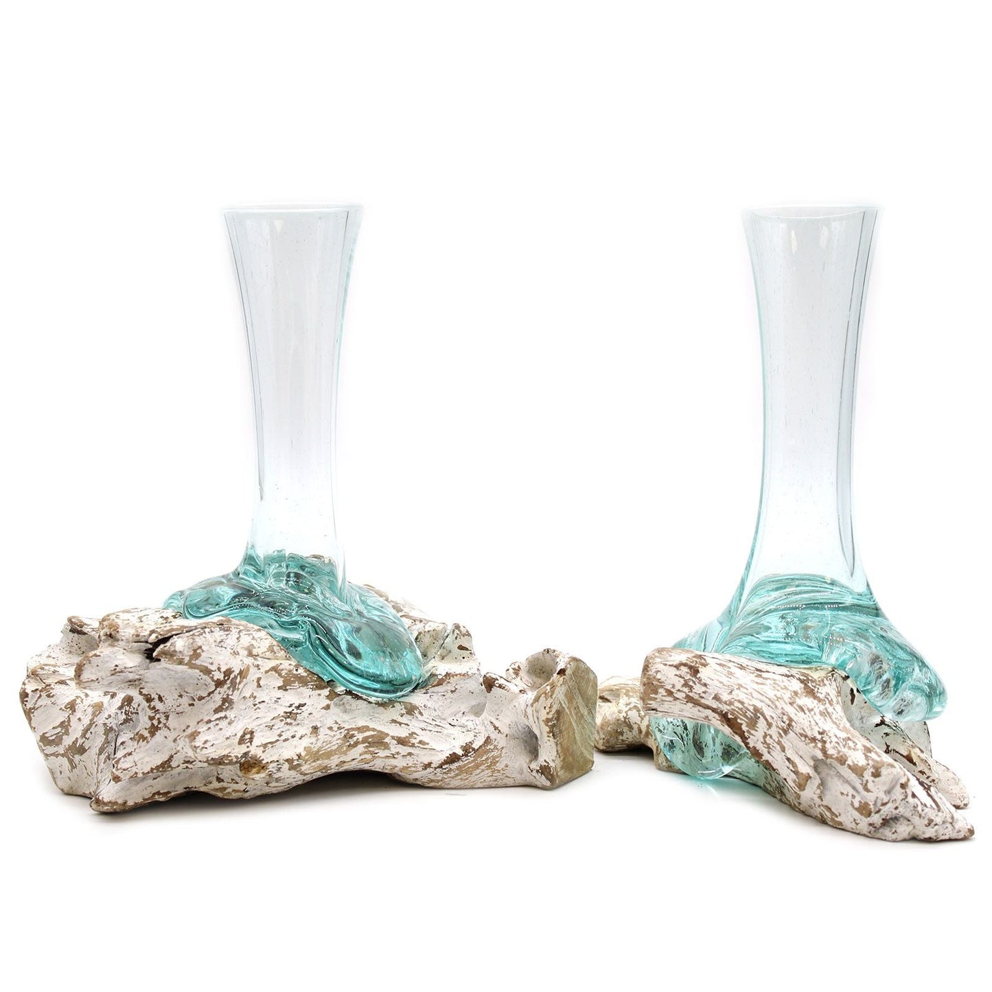 Gamal Wood Molten Glass Vase – Medium, handcrafted recycled glass vase fused on sustainable Gamal wood base, clear aqua glass