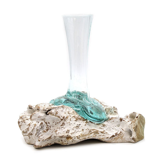 Alt Tag: Gamal Wood Molten Glass Vase – Medium with clear recycled molten glass on sustainable Gamal wood base, handcrafted decor