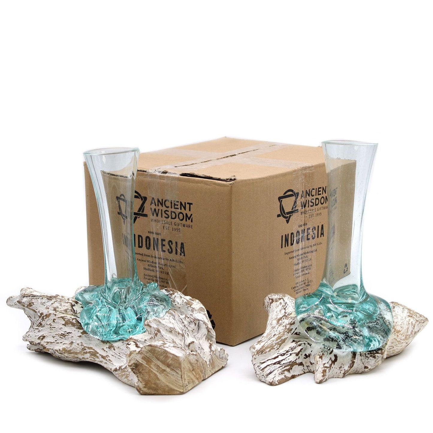 Gamal Wood Molten Glass Vase – Medium pair of recycled glass vases fused to Gamal wood bases, shown with packaging box