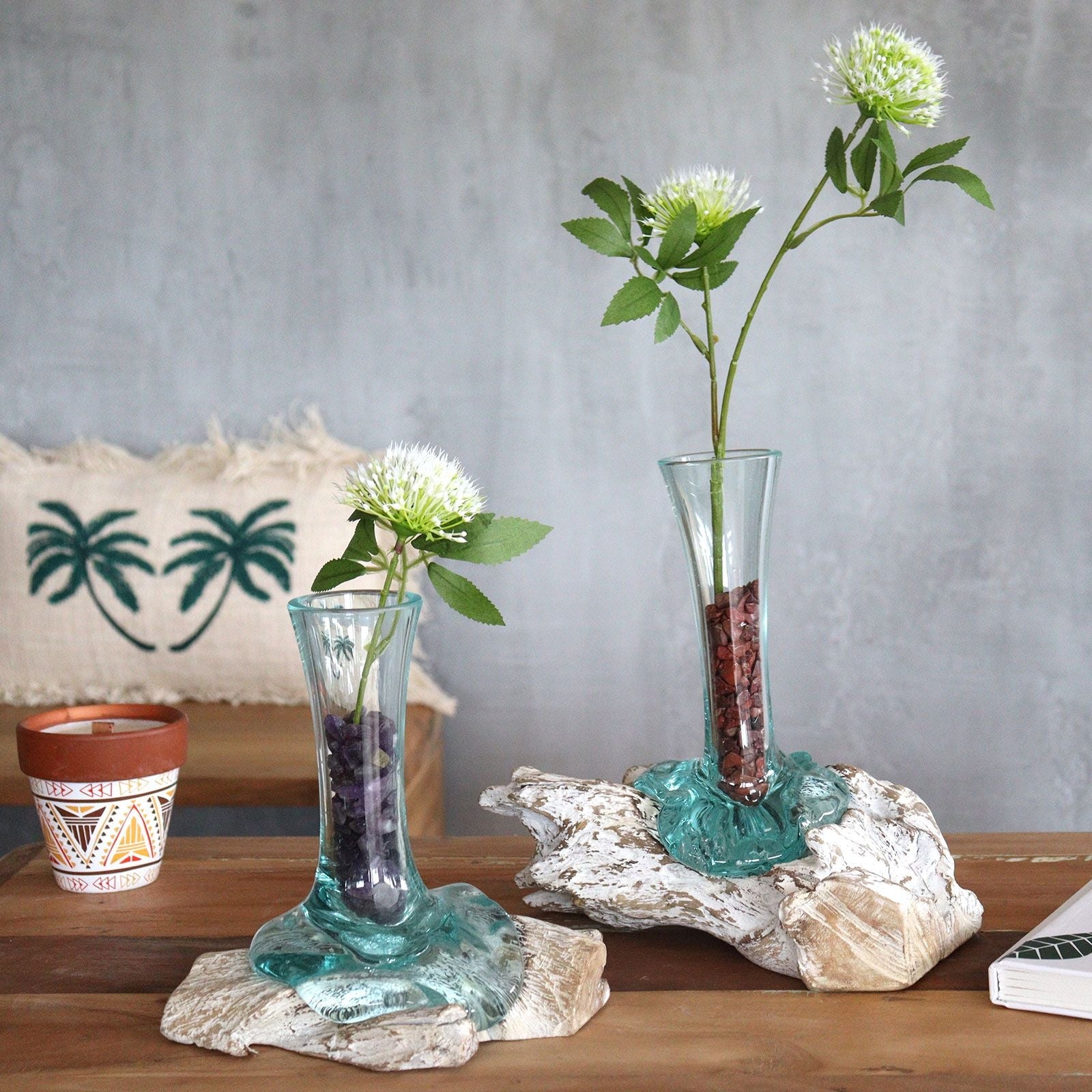 Alt Tag: Gamal Wood Molten Glass Vase – Medium with recycled molten glass on sustainable wood base, handmade centerpiece vases on table