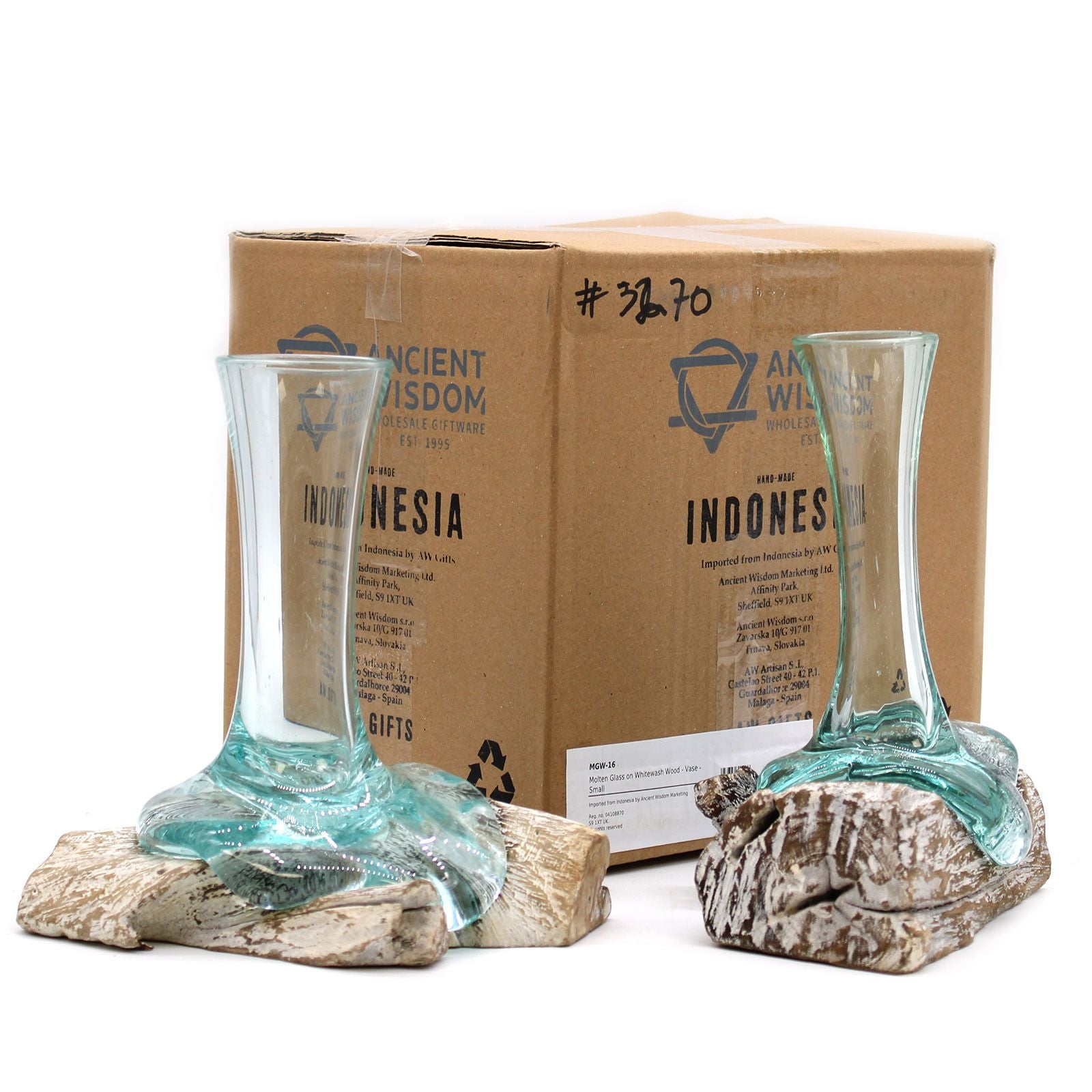 Alt Tag: Gamal Wood Molten Glass Vase – Small hand-blown recycled glass over Gamal wood, small decor vase with cardboard box