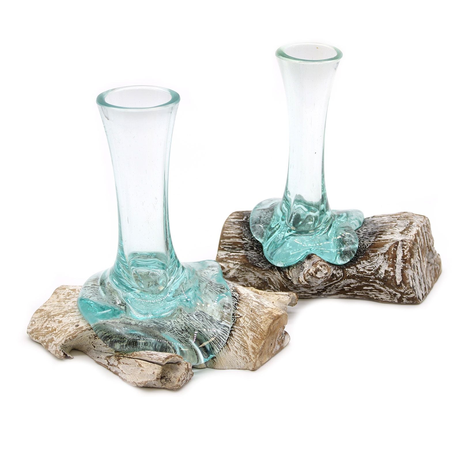 Alt Tag: Gamal Wood Molten Glass Vase – Small set of two hand-blown recycled glass vases fused to natural Gamal wood base