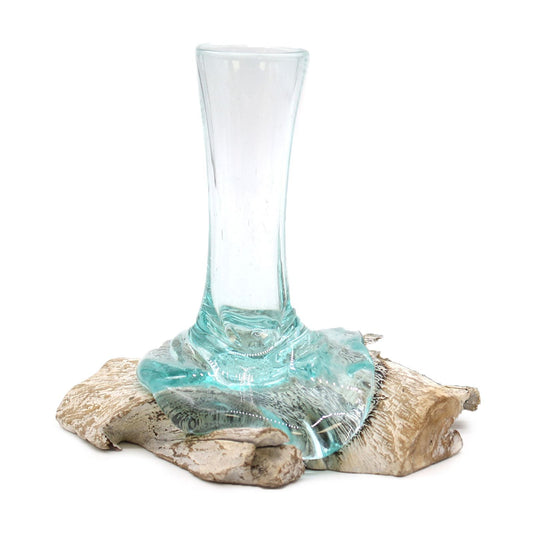 Alt Tag: Gamal Wood Molten Glass Vase – Small, clear hand-blown recycled glass formed over natural Gamal wood base, Bali crafted