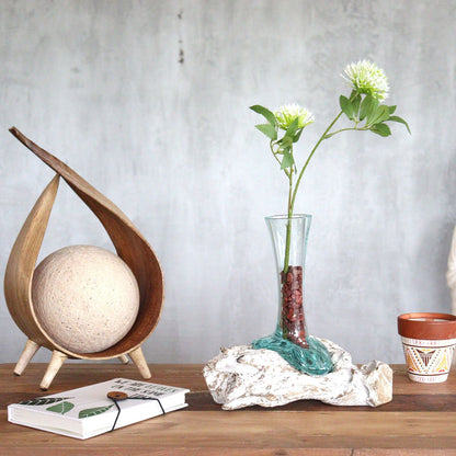 Gamal Wood Molten Glass Vase – Small with recycled hand-blown glass over Gamal wood, holding flowers on a wooden tabletop