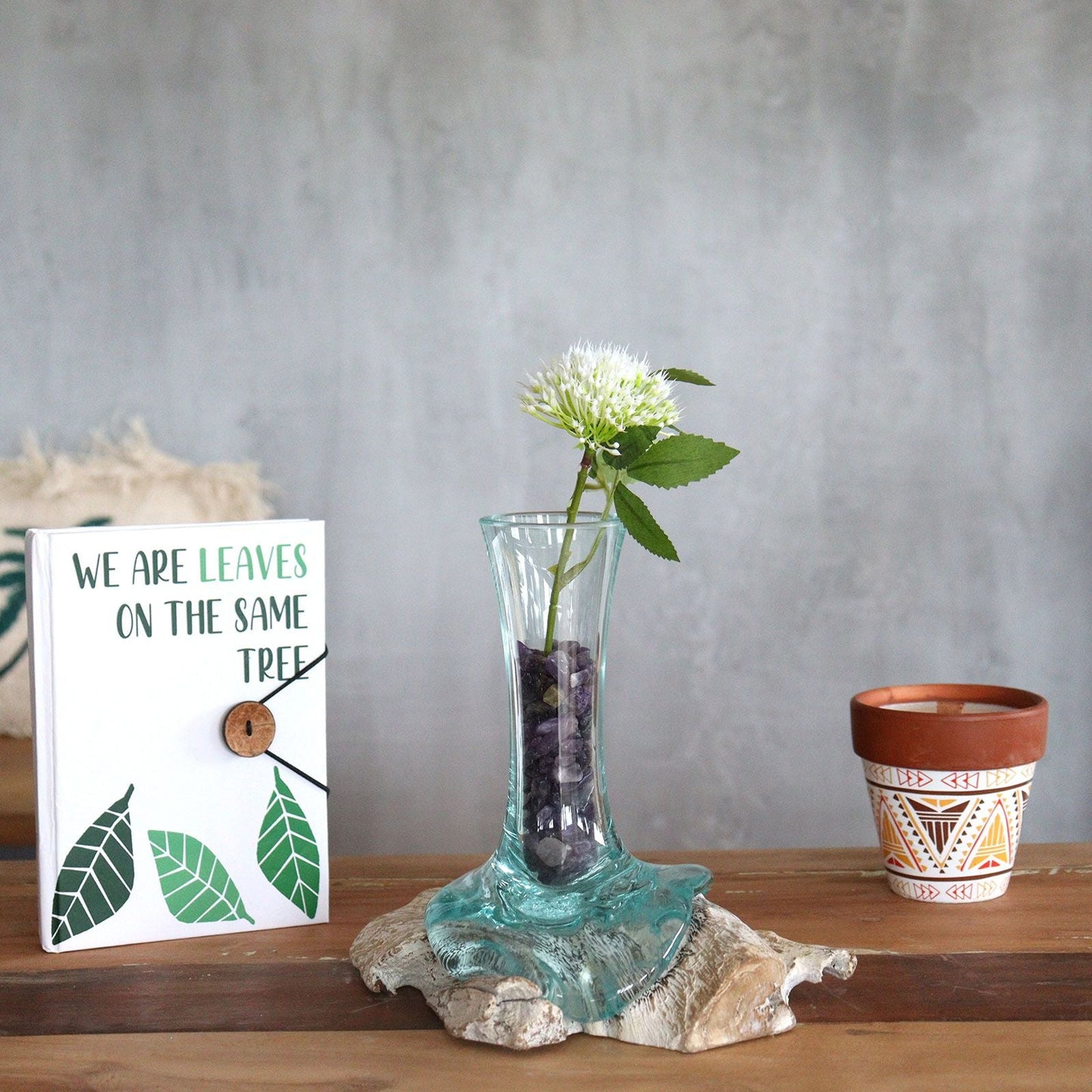 Gamal Wood Molten Glass Vase – Small with hand-blown recycled glass over Gamal wood base, styled on wooden table with flower