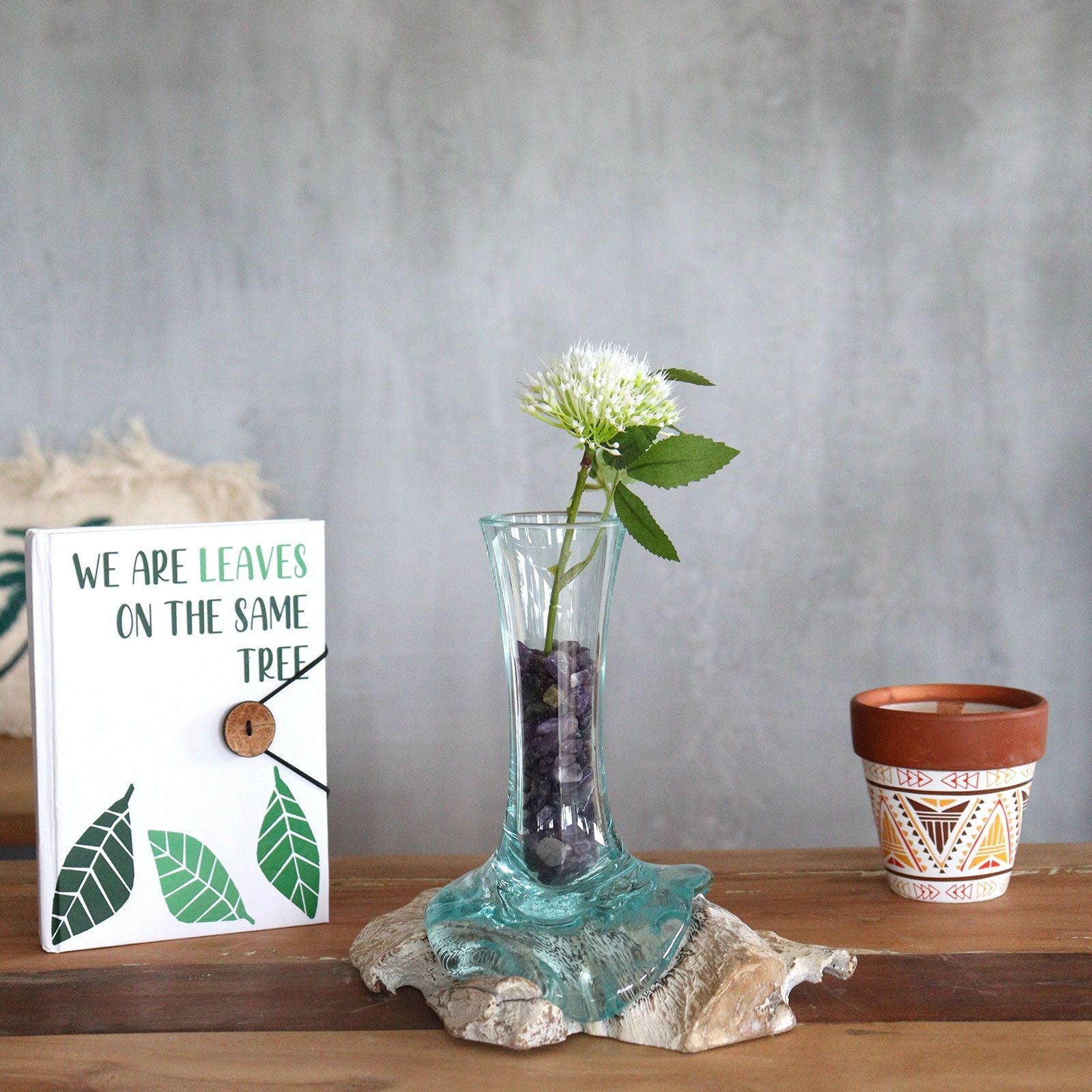 Gamal Wood Molten Glass Vase – Small with hand-blown recycled glass over Gamal wood base, styled on wooden table with flower